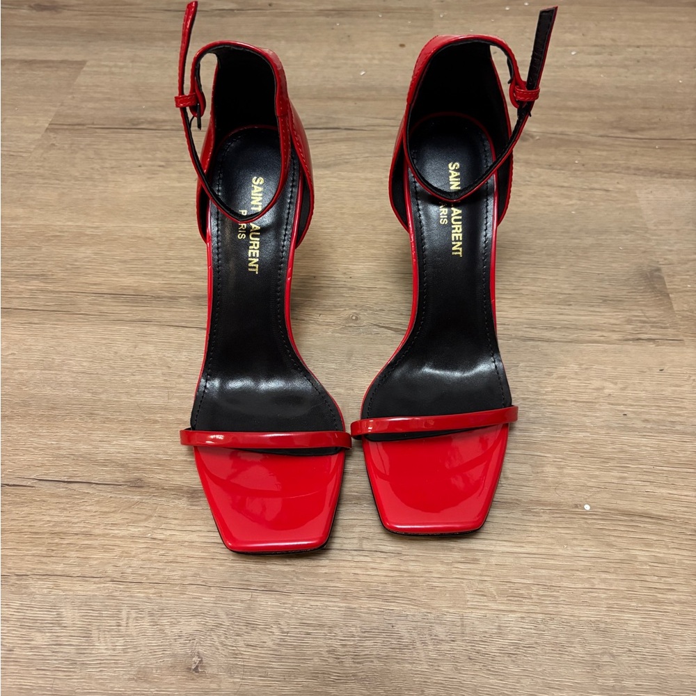 Saint Laurent Red Patent Square-Toe Ankle-Strap Heels